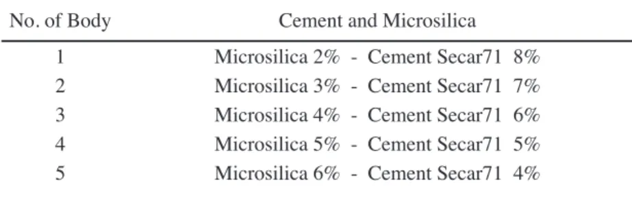 Table IV - The content of cement and microsilica in different samples.
