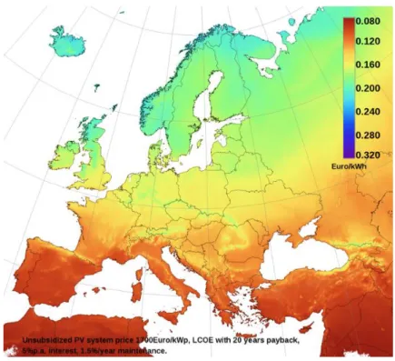 Figura 3.11 – Mapa Europeu do custo de produção por cada kWh 3 . 