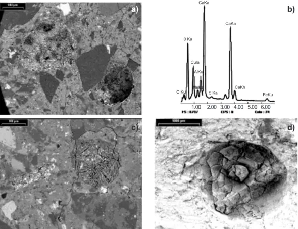 Figure 7: Massive gel grated concrete core fractured surface. (a) EDS elemental analysis; (b) SEM image of the  surface of the concrete sample; and c) detailed crystal images.