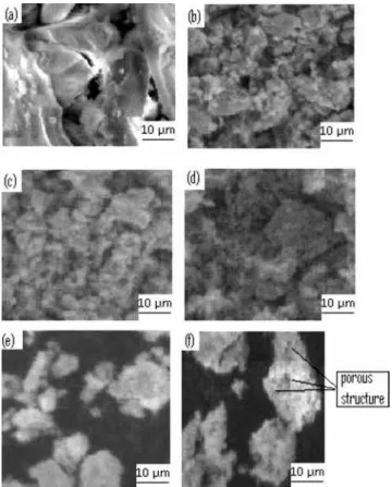 Figure 7: SEM micrographs of the powder precursor: (a) sample  without thermal treatment, (b, c, d, e and f) samples calcined for 6  h at 500, 600, 700, 800 and 900 °C, respectively.