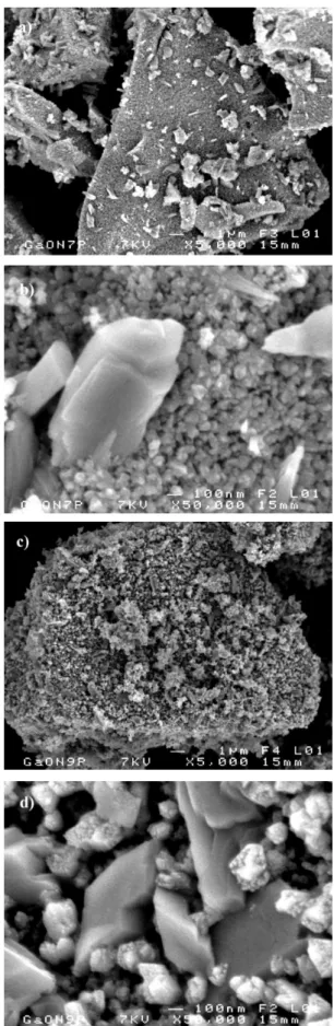 Figure 6: SEM micrographs of ZnGaON of SSR derived samples  obtained after nitridation at 700 °C (a and b) and 900 °C (c and d).