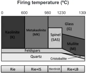 Figure  1:  Schematic  iring  phase  evolution  of  a  triaxial  (clay- (clay-feldspar-quartz) mixture and the proposed quantiication method
