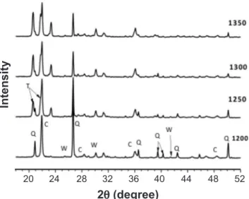 Figure  3:  XRD  patterns  of  samples  of  EQS    with  different  CP  additions sintered at 1300 °C for 4 h
