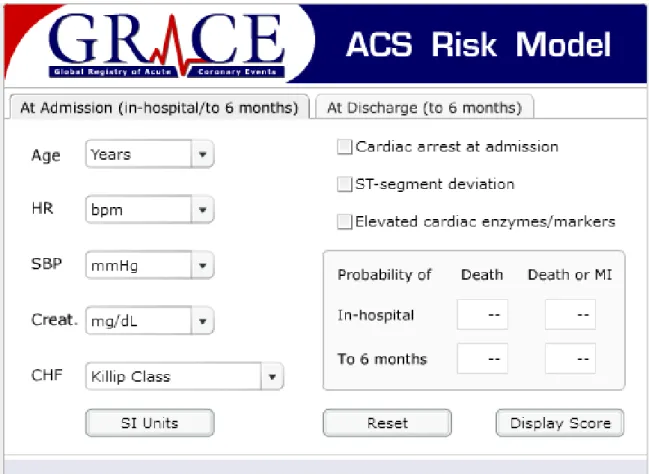Figura 2: Calculadora do escore GRACE extraída do website do estudo  (http://www.outcomes-umassmed.org/grace/acs_risk/acs_risk_content.html ) 