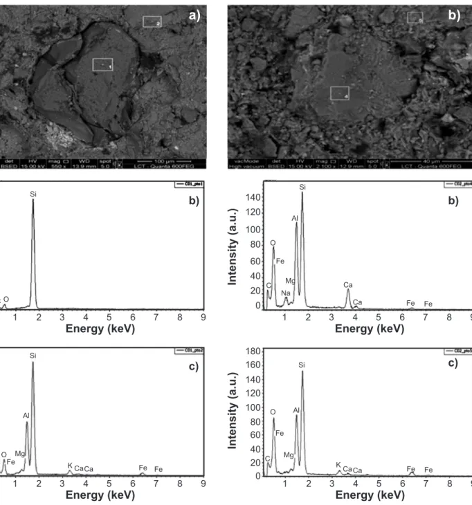Figure 7: SEM micrograph of mixture C02 (a), and EDS spectra of  region 4 (b) and 5 (c).