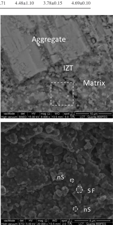 Fig. 7a presents a SEM micrograph of sample  M01+0.3nS, showing a coarse basalt particle immersed in  a cementitious matrix