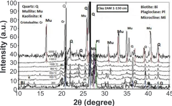 Figure 5: X-ray diffraction patterns of the clay ZAM 1-130 cm at  different temperatures: RT (room temperature) to 1200 ºC.