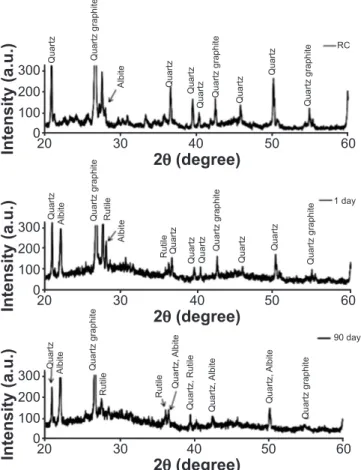 Figure 3: SEM micrographs of geopolymers after 1 day (a, b, c) and 90 days (d, e, f).