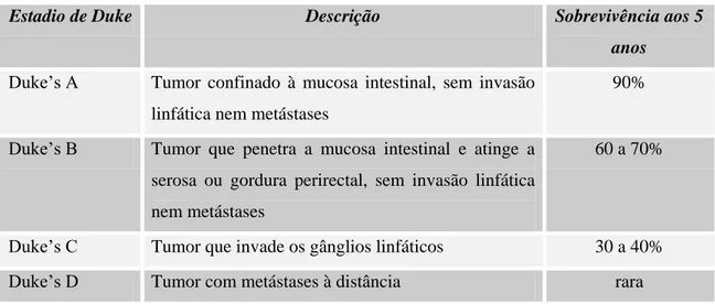 Tabela  1  –  Classificação  de  Duke  –  correlação  entre  estadio  do  tumor  aquando  do  diagnóstico e o seu prognóstico (12) 