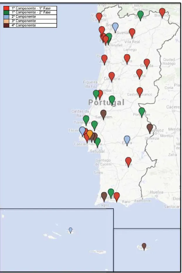 Figura 3.1 – Localização das 39 cidades alvo de intervenções do Programa POLIS (adaptado do  Goolge Earth) 