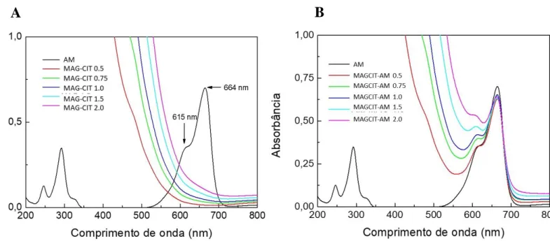 Figura  15. Espectroscopia  de UV-Vis de azul  de metileno livre (AM), de nanopartículas  de  maghemita associada ao citrato (MAGCIT) e de nanopartículas de maghemita associadas ao  citrato e ao azul de metileno (MAGCIT-AM)