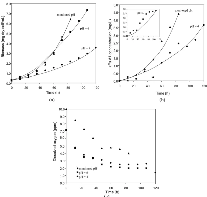 Figure 2: Biomass (A), rPsd1 (B) and dissolved oxygen concentration (C) obtained in 50 mL at different pHs