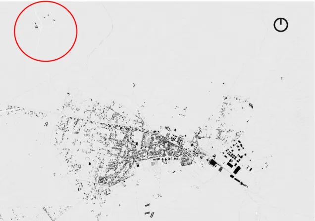 Figura 4.3.4.: Planta Envolvente Vendas Novas - Localização da Herdade do Vidigal, a vermelho, face à Cidade de  Vendas Novas 