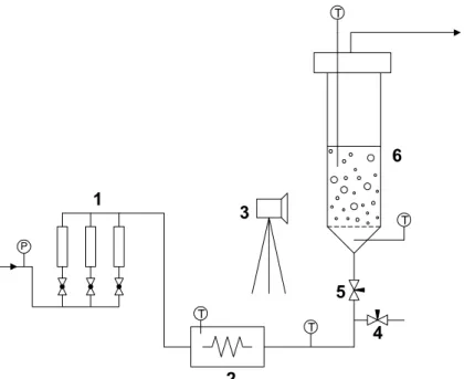 Figure 1: Experimental set-up for evaporation tests: 1 - rotameters; 2 - electrical oven;  