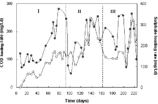 Figure 2: Relation between the organic matter consumed, as COD loading rate ( l ), and the amount of sulphate  ions reduced by the SRB, as sulphate loading rate ( ¡ ), during the time of operation