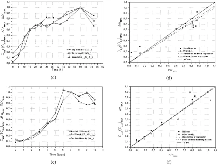 Figure 7: 7a, 7c and 7e): Results of the wavelet, densitometric and experimental analysis of the cell  cultivation concentration for the yeast Sac