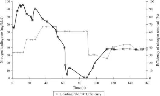 Figure 5: Nitrogen loading rate and the efficiency of nitrogen removal under anaerobic conditions