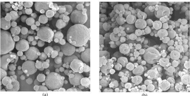 Figure 6: SEM microphotographs of spray-dried chitosan microspheres after treatment with: (a)  0.15kg /kg ; ( b) 0.15kg /kg (magnification of 3500x)