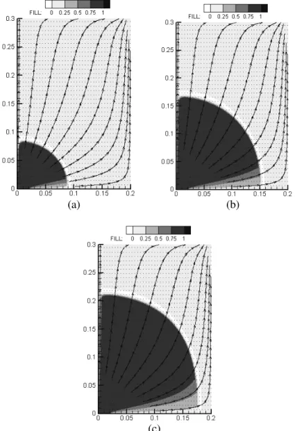 Figure 5: Mold filling using the VOF-TVD scheme with LX = 0.2 m   ( ∆ x =10 -3  m) after (a) 10 s; (b) 40 s; (c) 70 s