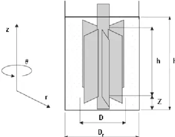 Figure 2: Six-bladed impeller inside the vessel with noted dimensions and coordinate system