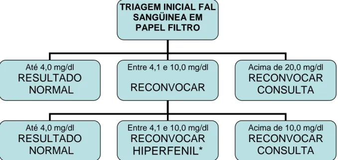 Figura  04  –  Fluxograma  para  o  Diagnóstico  da  Fenilcetonúria,  adaptado  do  Manual  de  Normas  Técnicas  da  Triagem  Neonatal (3) 