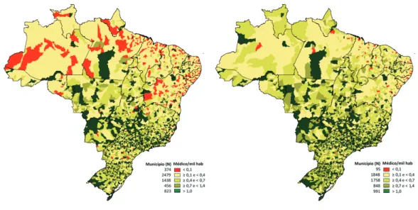 Figura 2. Distribuição municipal de médicos por mil habitantes em 2011 (esquerda) e 2014 (direita), antes e após a  implantação do PMM, respectivamente*
