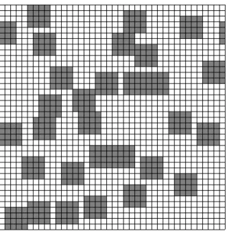 Figure 2: Illustrative diagram of the 40x40 square lattice with 30% of active sites,   randomly distributed in grains with the dimension Dg=4