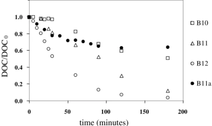 Figure 7: DOC/DOC 0 -time curves for experiments with DOC 0  = 500 mg C L -1 .  B10 ([H 2 O 2 ] = 100  mmol L -1 ; [Fe(II)] = 0.2 mmol L -1 ); B11 ([H 2 O 2 ] = 188 mmol L -1 ; [Fe(II)] = 0.4 mmol L -1 ); B12 ([H 2 O 2 ]       = 270 mmol L -1 ; [Fe(II)] = 