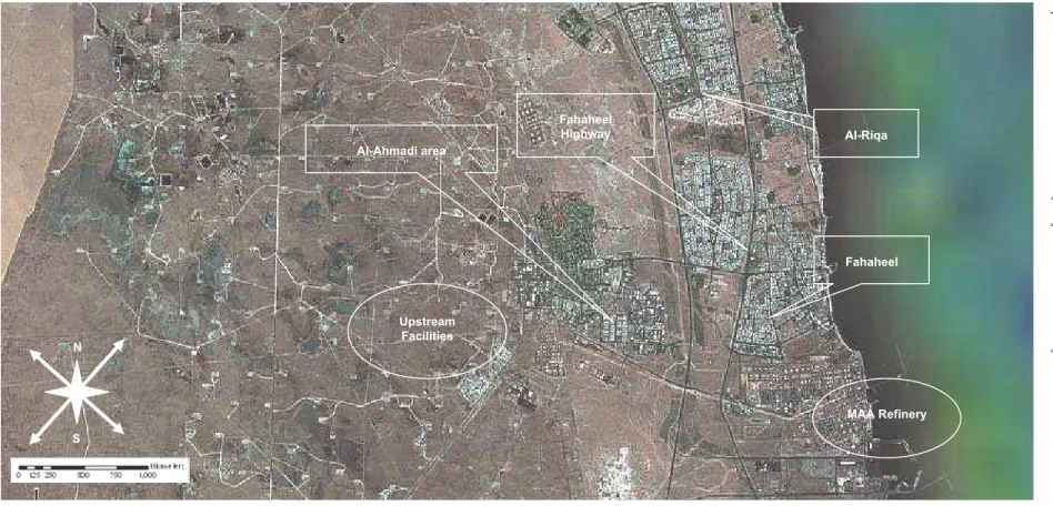 Figure 1: Satellite image showing both areas under investigation (Fahaheel and Al-Riqa) with respect to the main petroleum downstream,  namely MAA refinery and upstream facilities in the state of Kuwait
