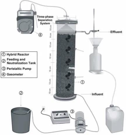 Figure 1: Schematic drawing of the experimental hybrid (UASB + biofilter) reactor. 