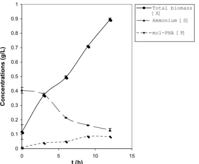 Figure 1: Growth and accumulation of PHA MCL  in Pseudomonas putida PGA1 in batch   fermentation under ammonium-limitation with SPKO as sole carbon and energy source