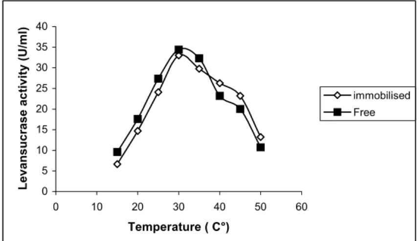 Figure 4: Effect of temperature on the activity of the free and immobilised    levansucrase from Bacillus subtilis NRC 33a