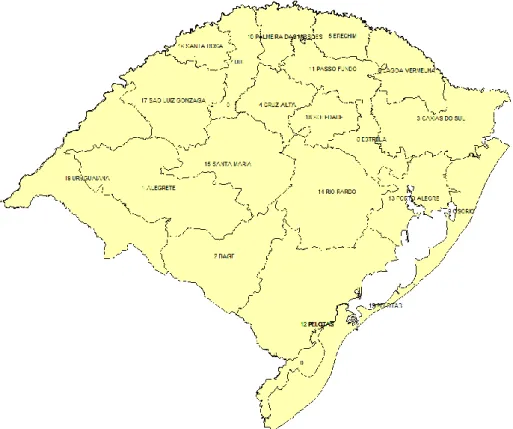 Figura 1. Mapa da subdivisão estadual do RS, segundo a Secretaria de Agricultura, Pecuária e  Irrigação (SEAPI/RS)