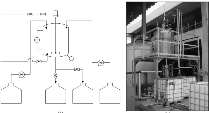 Figure 1 presents a scheme of the pilot plant. It was  comprised of a 1 m 3  304 stainless steel insulated tank  (2:1 semi-elliptic domes) equipped with: an impeller  (pneumatic inclined turbine, BOMAX, Agimax  F-170M-OP007R-400E1, Brazil), a temperature i
