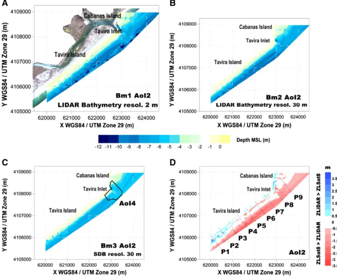 Fig. 8. (A) AoI2 bathymetry contour map (Bm1) using the 2-m resolution 2011 LiDAR data superimposed with an aerial photograph of AoI2