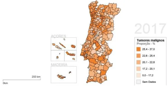 Figura 15  – Proporção, em percentagem, de tumores malignos em Portugal em 2017 [Fonte: adaptado  de FUNDAÇÃO FRANCISCO MANUEL DOS SANTOS (88)] 