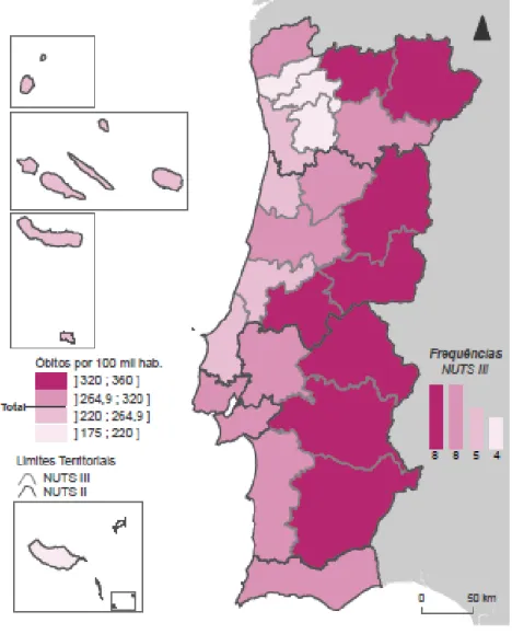 Figura 18  – Distribuição da taxa de mortalidade dos tumores malignos em função da NUTS III em 2016  [Fonte: adaptado de INE (74)] 