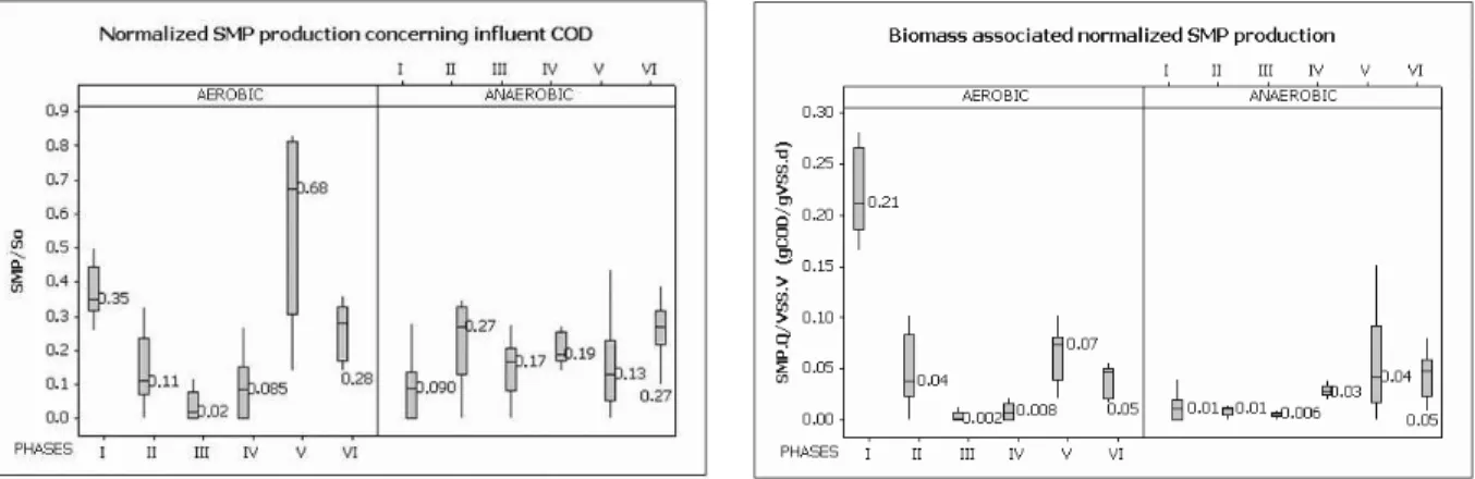 Figure 4 shows that SMP/S o  ranged from 2 to  68% in the aerobic reactor, decreasing with the  increase of HRT; for the anaerobic reactor, the  SMP/S o  varied from 9 to 27% and was only partially  affected by the HRT change