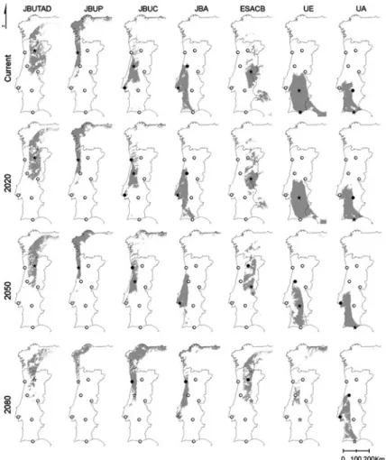 Fig. 2 Spatial representation of the defined bioclimatic envelopes (grey areas) for each considered botanical collection for ‘current’ conditions and for future scenario A2