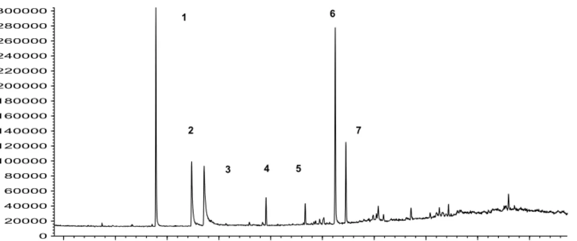 Figure 4:  Chromatogram of the essential oil extracted with supercritical carbon dioxide at 353.15K and 18.0MPa 