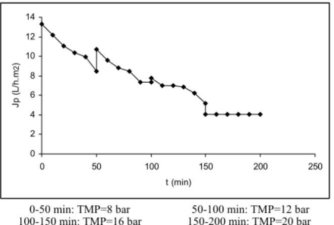 Figure 2: Permeate flux reduction in terms of time for TMP of 8, 12, 16, and 20 bar 
