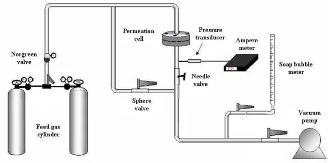 Figure 1: Schematic diagram of the equipment for the gas permeation tests. 
