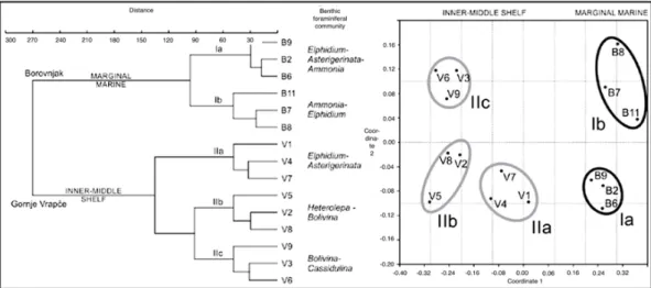 Figure 6. Example of statistical comparison of fauna from different localities using cluster analysis and non-metric multidimensional scaling analyses (after [48]).