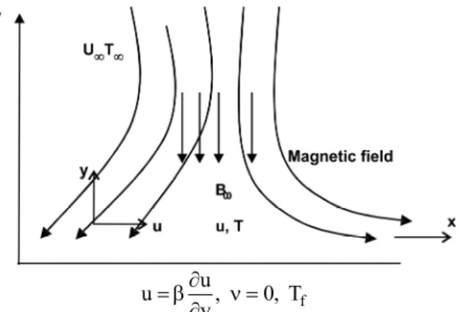 Figure 1: Flow configuration and coordinate system  Under the usual boundary layer approximation,  the continuity, momentum, and energy equations  describing the flow can be written as (Vajravelu and  Nayfeh, 1992; Dulal and Hiremath, 2009):  