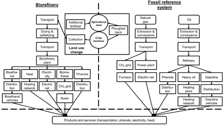 Figure 2: Comparison between the production chains of the biorefinery and the fossil reference system  (Cherubini and Ulgati, 2010) 
