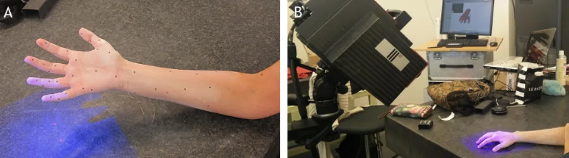 Figure 3.1 – Initial setup for 3D scanning of the reference arm. A: applied powder to the skin and markers