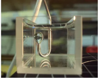 Figure 2: Inverted drop image used to measure the  water-oil interfacial tension. The water was placed  into the glass cell and the oil in the syringe, requiring  a needle with a hook shape, given the lower density  of the oil