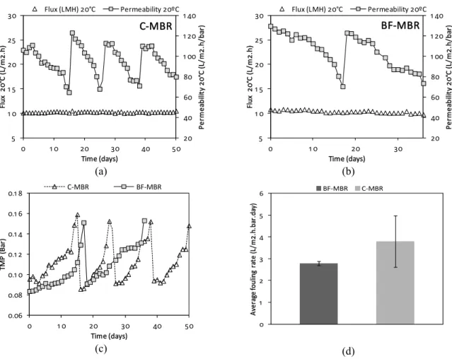 Figure 7: Membrane filterability during the experimental period, where: (a) and (b) permeability; (c)  Transmembrane pressure profile and (d) mean fouling rate