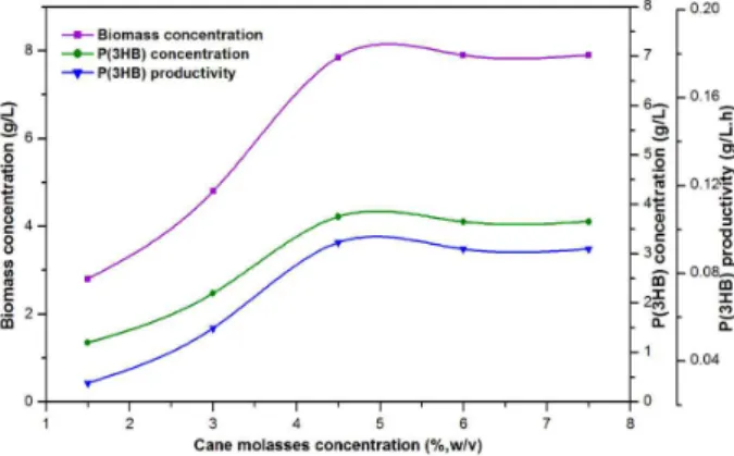 Figure 4: Effect of concentration of cane molasses  on biomass concentration, P(3HB) concentration,  and P(3HB) productivity
