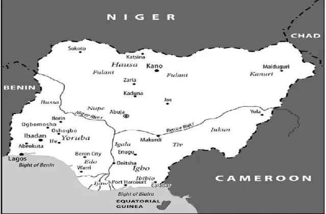 Figura 2 - DISPERSÃO DE GRUPOS ÉTNICOS NA ATUAL NIGÉRIA   Fonte: Falola, T. e Heaton, M